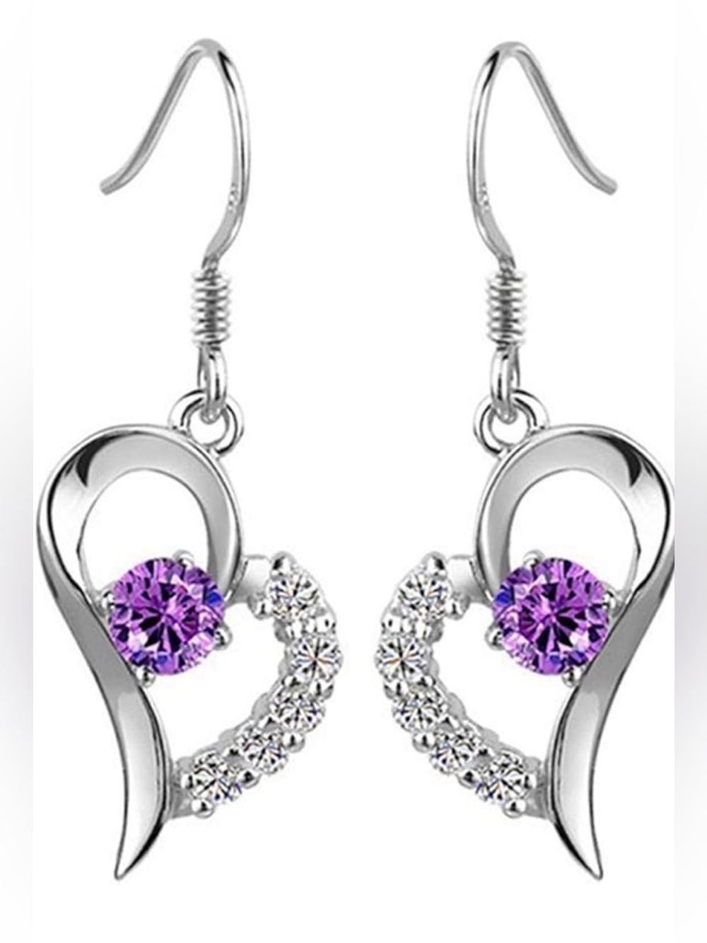 Silver Heart Drop Earrings with Purple Crystal - Picture 2 of 2